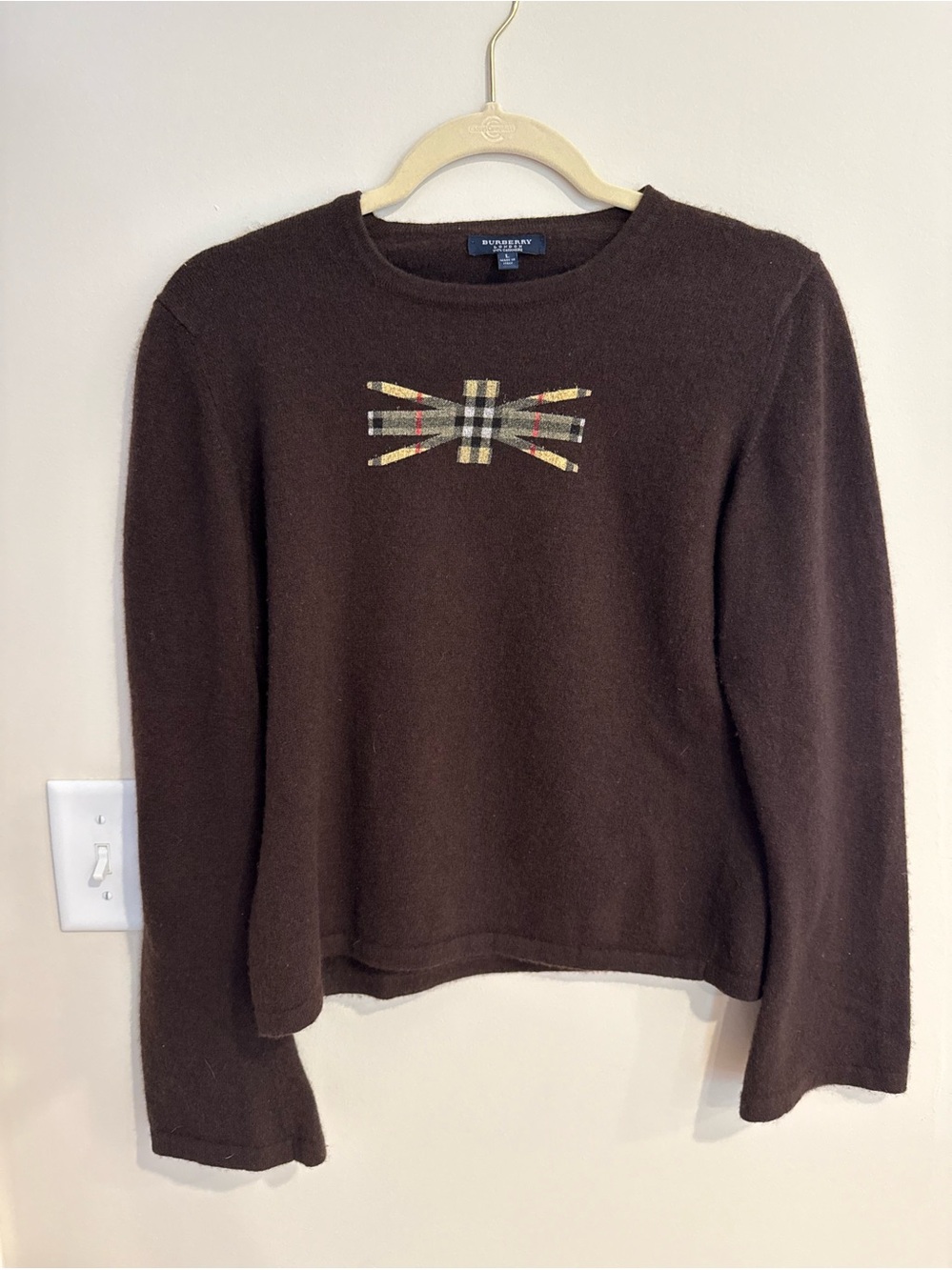 Burberry London Cashmere Vintage Brown Knit Sweater Check Crewneck, Size Large